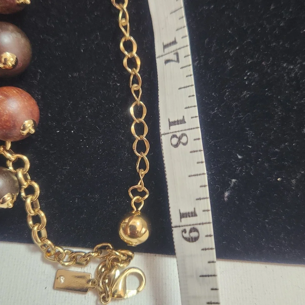 Kate Spade Gold Tone Wood Bead Crystal Statement Necklace Brown Mixed Media‎ Bib